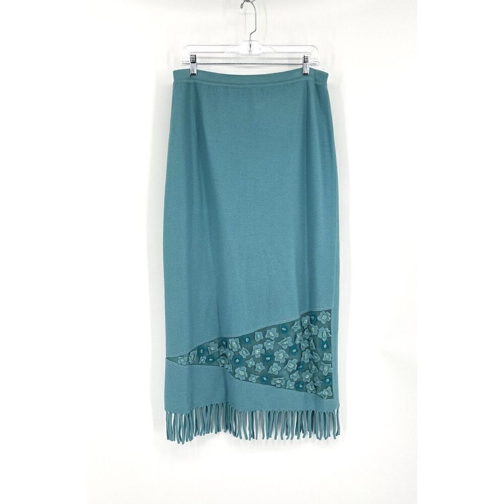 Teri Jon Rickie Freeman Long Wool Skirt Fringe Floral Appliqué Beaded Size XL
